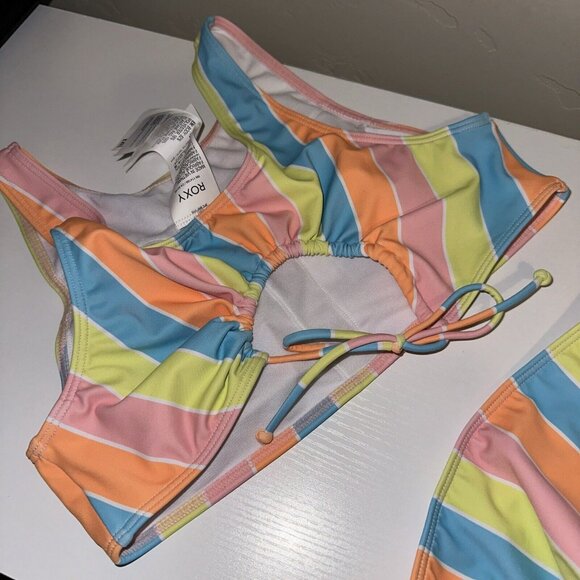 Roxy Girls' Last in Paradise Crop Top Swimsuit Set Bachelor Button Rainbow Ways - Picture 7 of 8